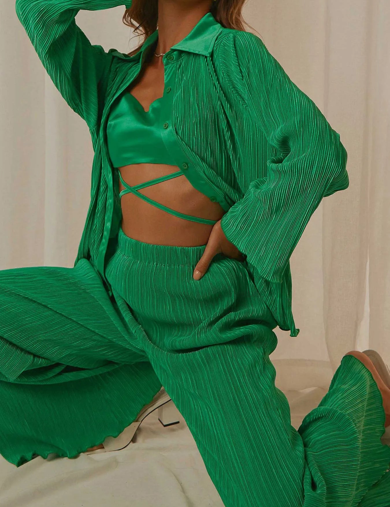 Green Button Up Long Sleeve Top and Pants Set | Loungewear Sets Daverri Fashions