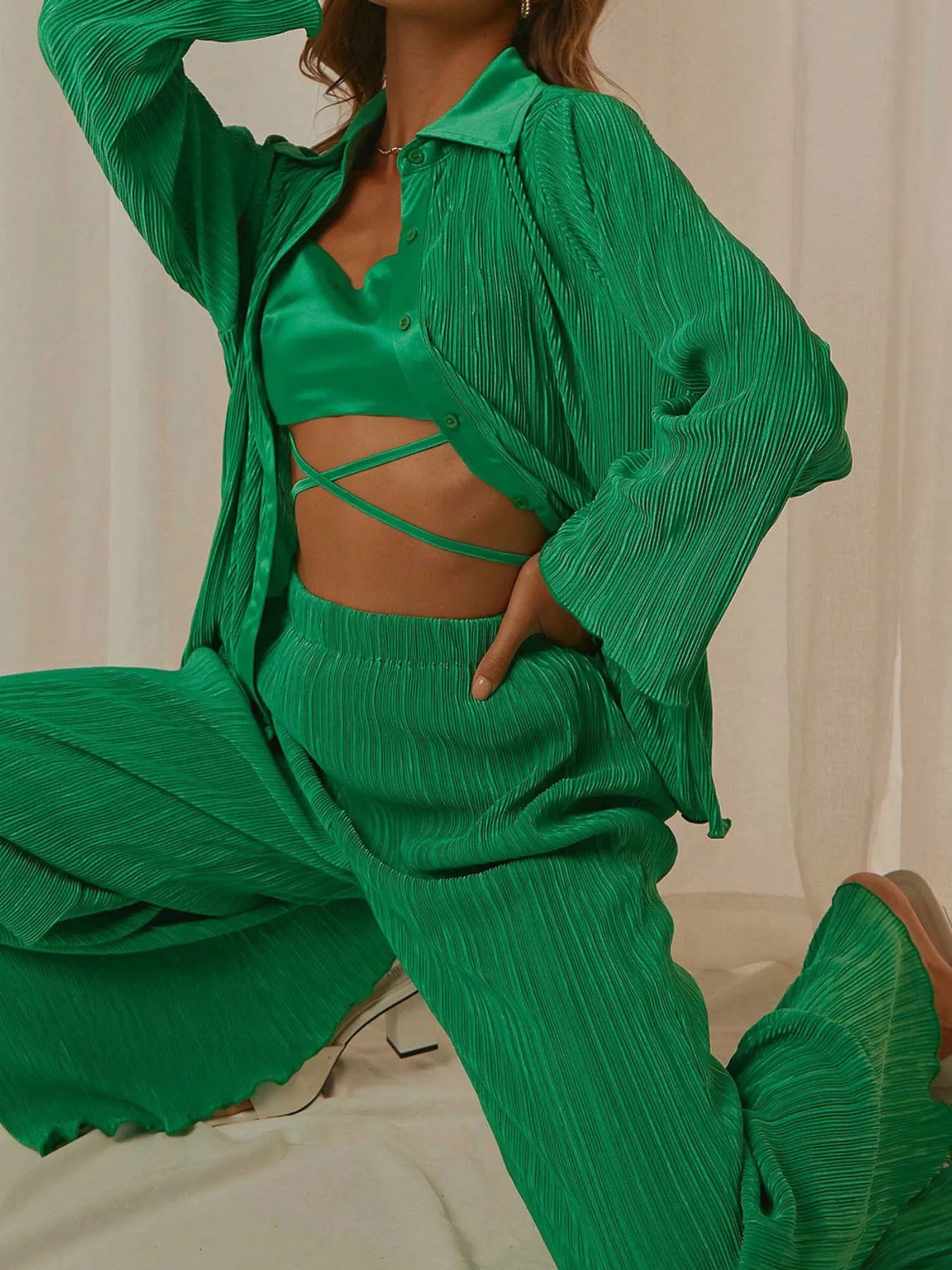 Green Button Up Long Sleeve Top and Pants Set | Loungewear Sets Daverri Fashions