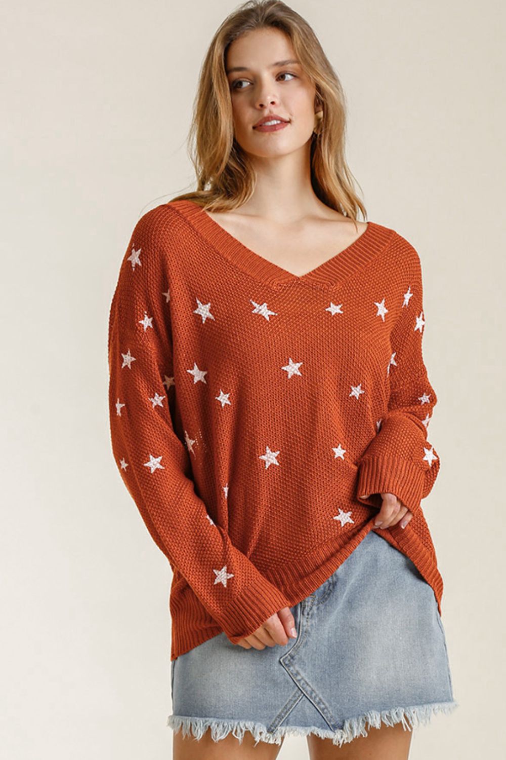 Umgee Full Size Star V-Neck Long Sleeve Sweater Plus Size Orange-Red