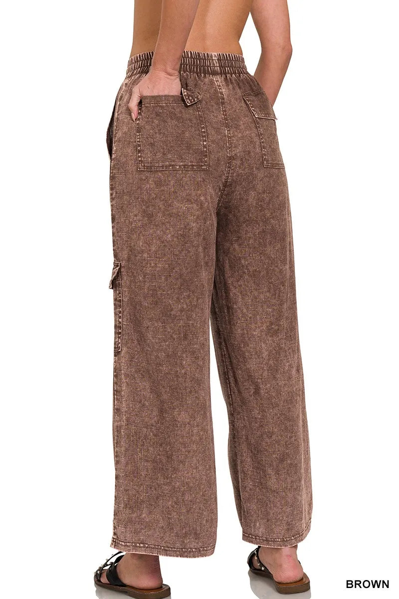 Zenana Washed Linen Elastic Band Waist Cargo Pants | Pants Daverri Fashions