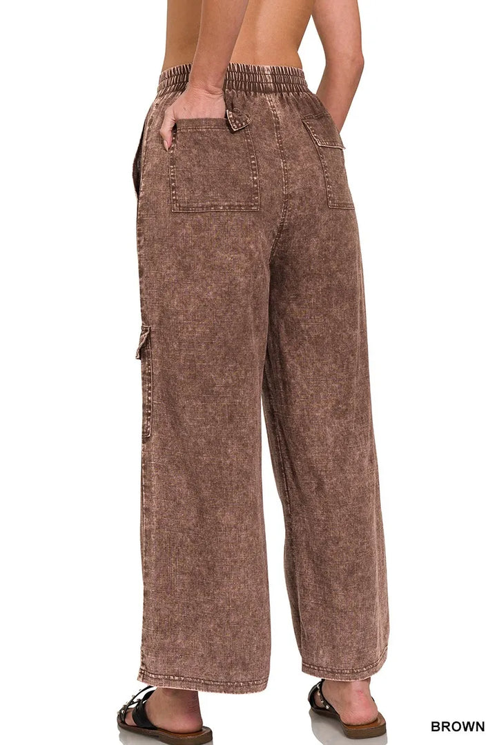 Zenana Washed Linen Elastic Band Waist Cargo Pants | Pants Daverri Fashions
