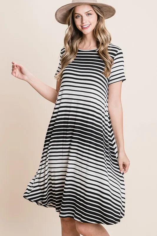 BOMBOM Casual Stripe Round Neck Tee Dress