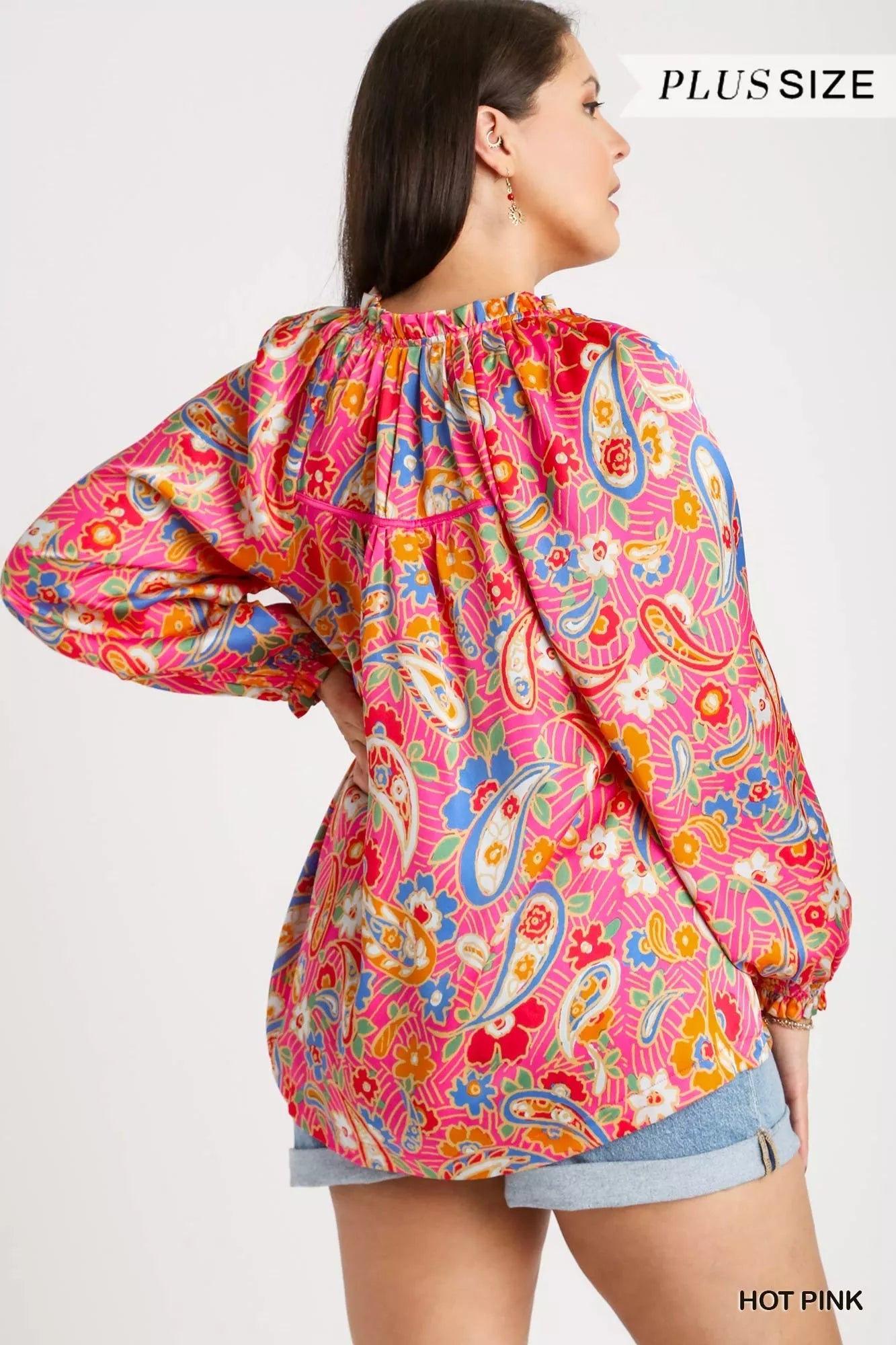 Umgee Full Size Satin Paisley Ruffle Neck Button-Up Shirt Plus Size | Shirts Daverri Fashions