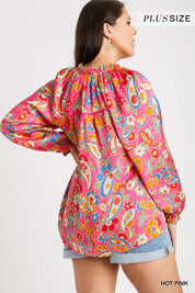 Umgee Full Size Satin Paisley Ruffle Neck Button-Up Shirt Plus Size | Shirts Daverri Fashions