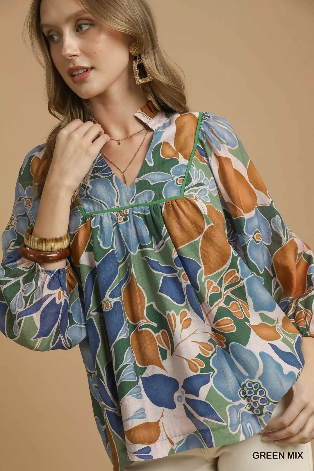 Umgee Multicolor Abstract Floral Print Blouse with Ruffle Neck | Blouses Daverri Fashions