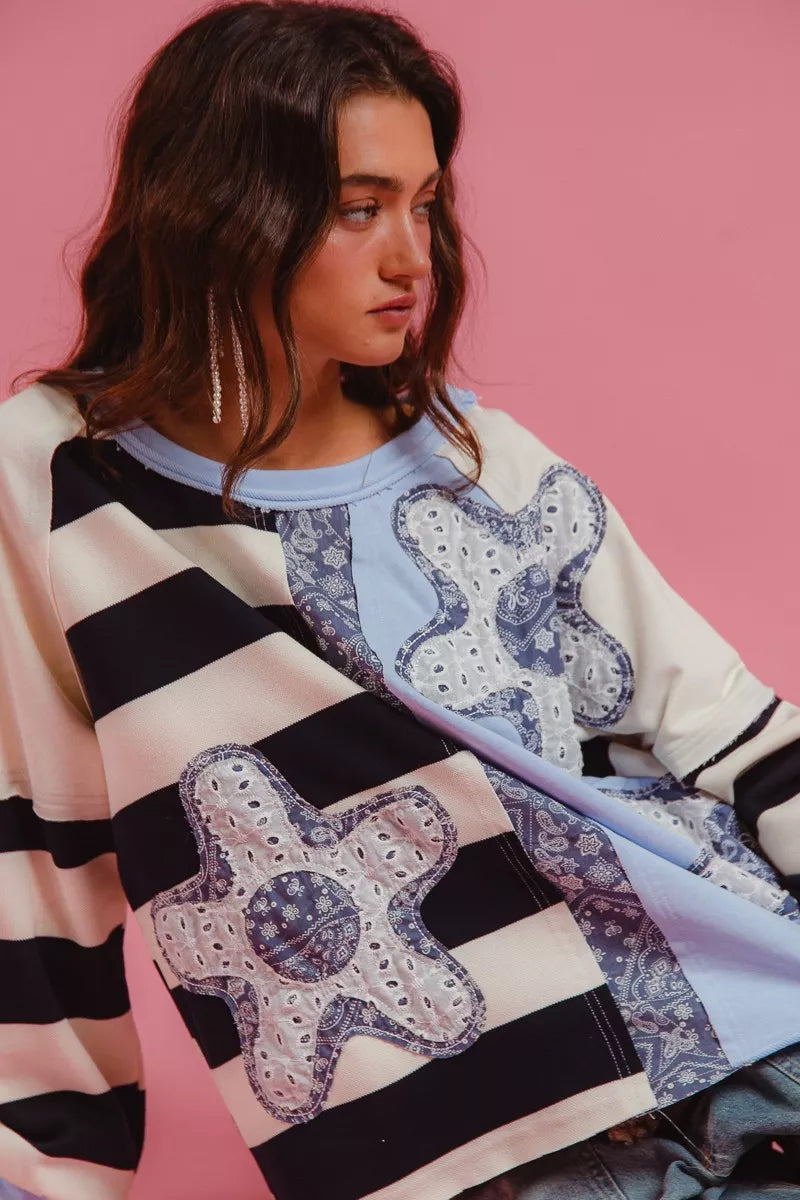 BiBi Patchwork Striped Round Neck Sweatshirt with floral embroidery