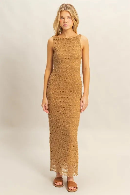 HYFVE Sleeveless Crochet Open Back Maxi Dress L.BROWN
