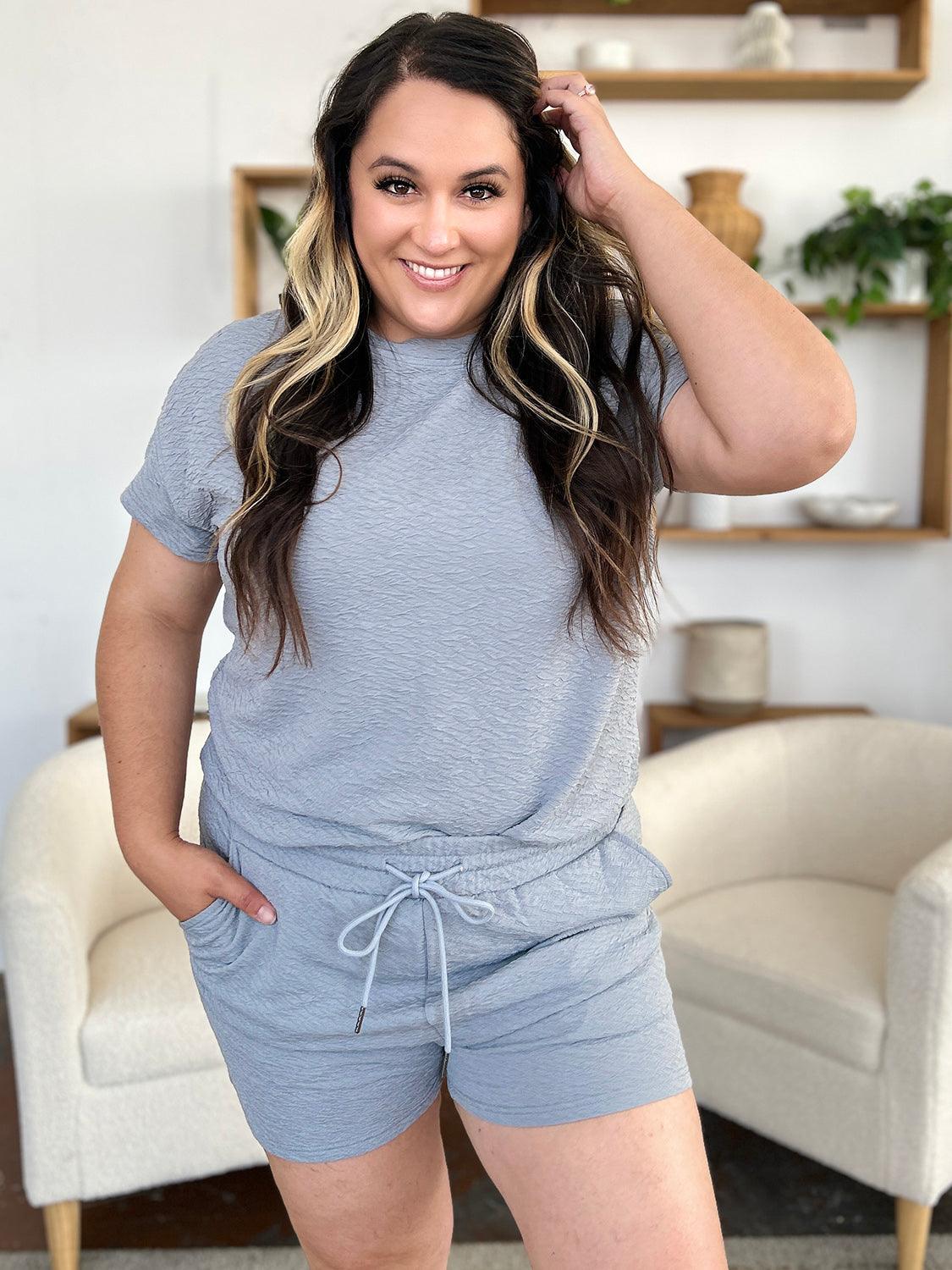 Double Take Full Size Texture Short Sleeve T-Shirt and Drawstring Shorts Set Outfit Sets