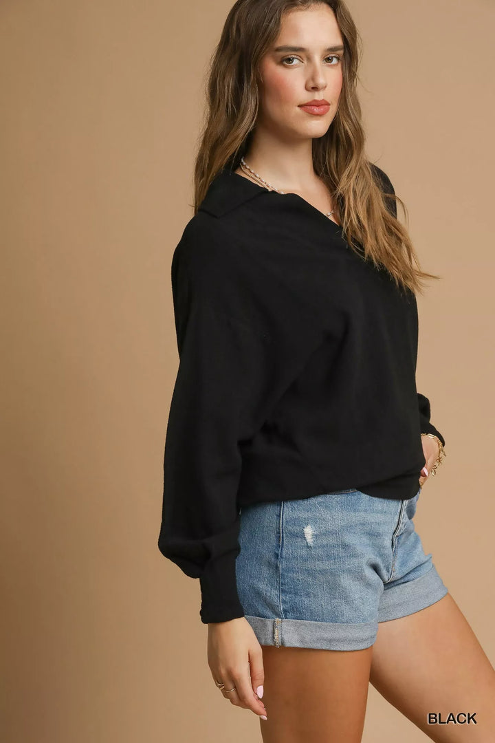 Umgee Linen Long Sleeves Elastic Hem Blouse | Daverri Fashions