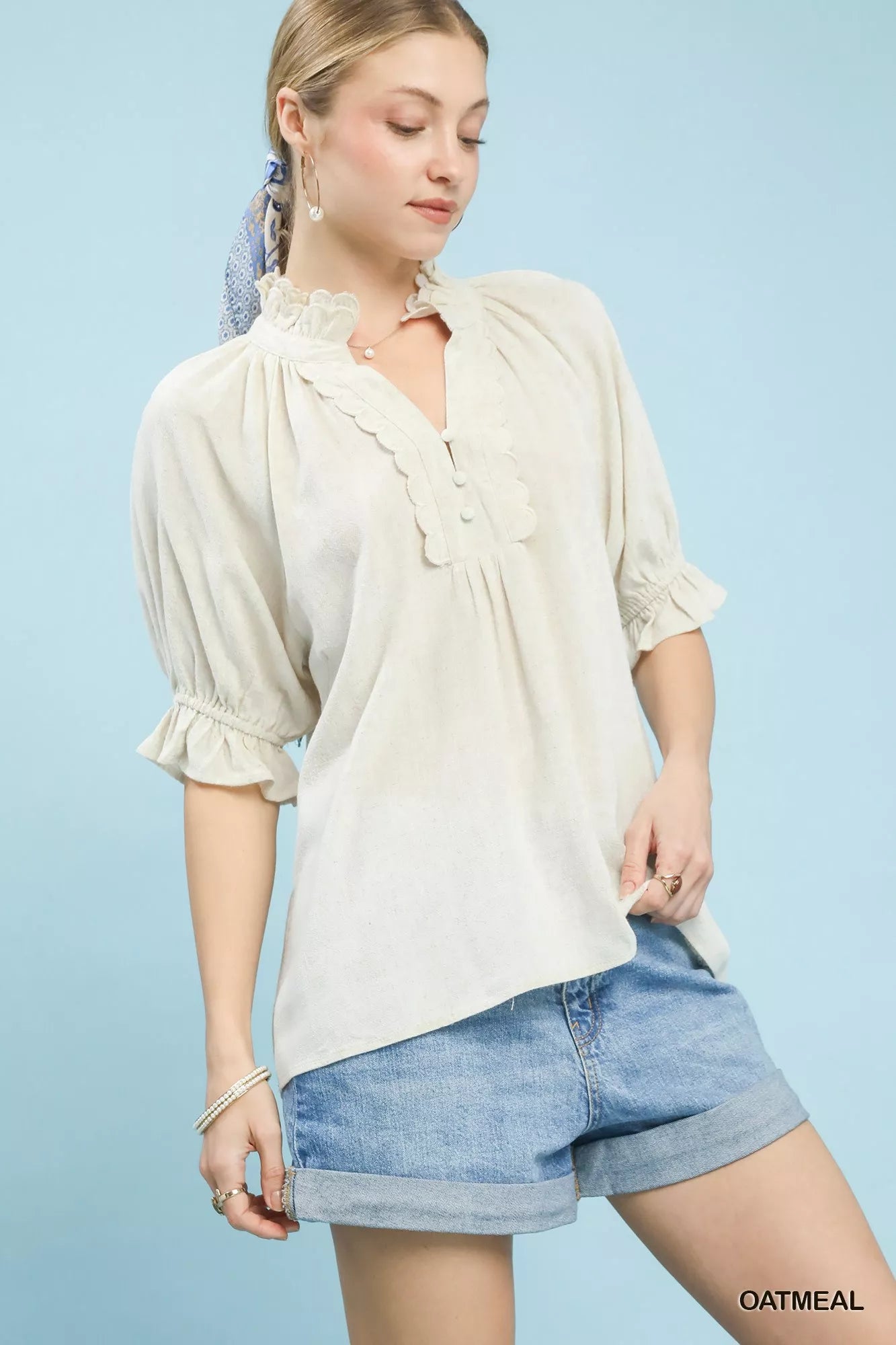 Umgee Linen Scalloped Ruffle Neck Blouse in oatmeal with puff sleeves