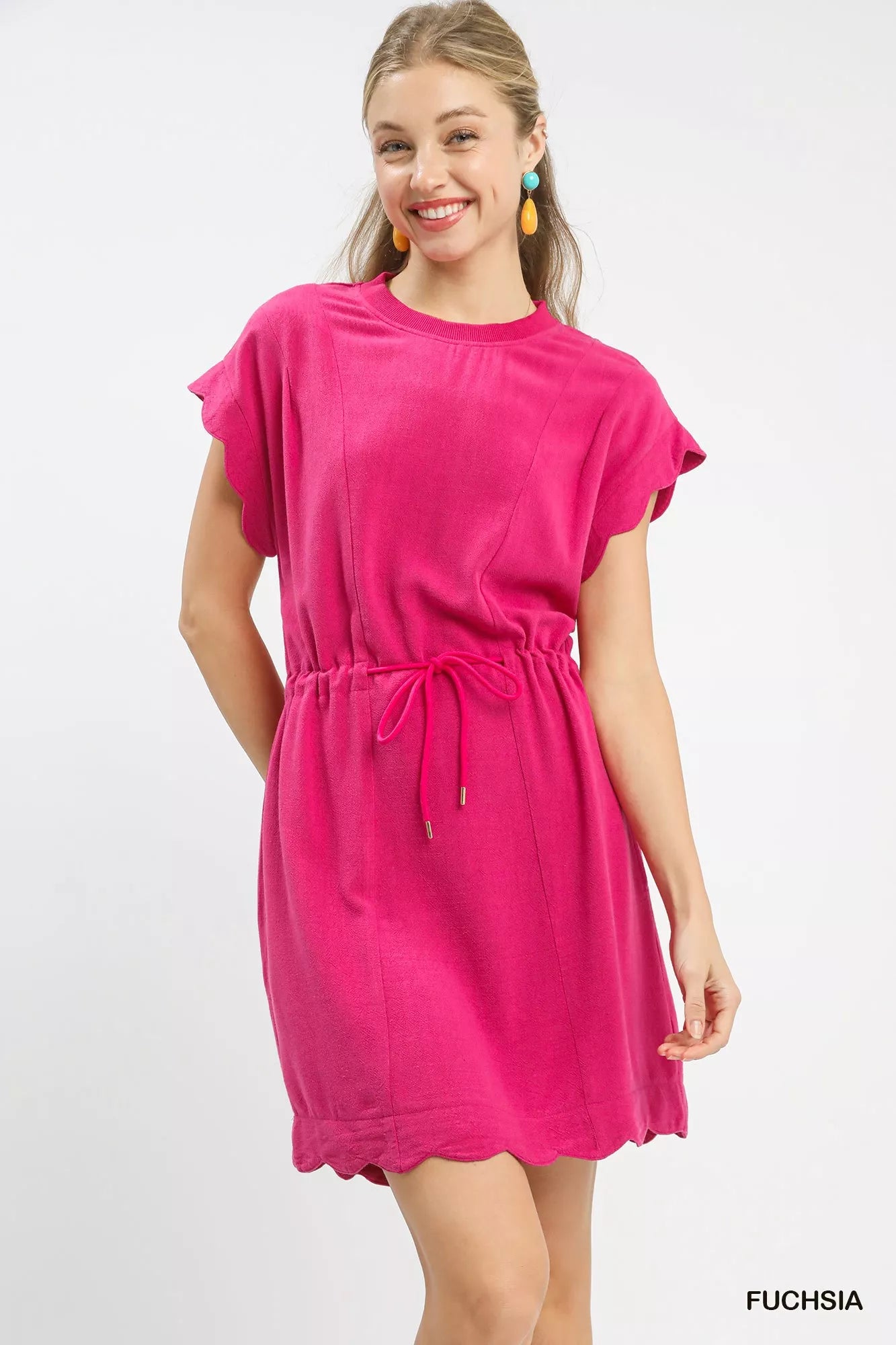 Umgee fuchsia linen blend scallop hem mini dress with ruffles