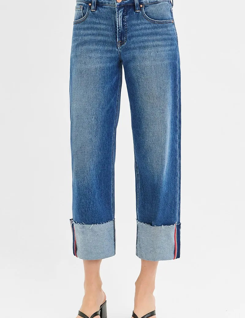 RISEN Full Size Tummy Control Mid Rise Crop Wide Cuffed Jeans Plus Size | Jeans Daverri Fashions