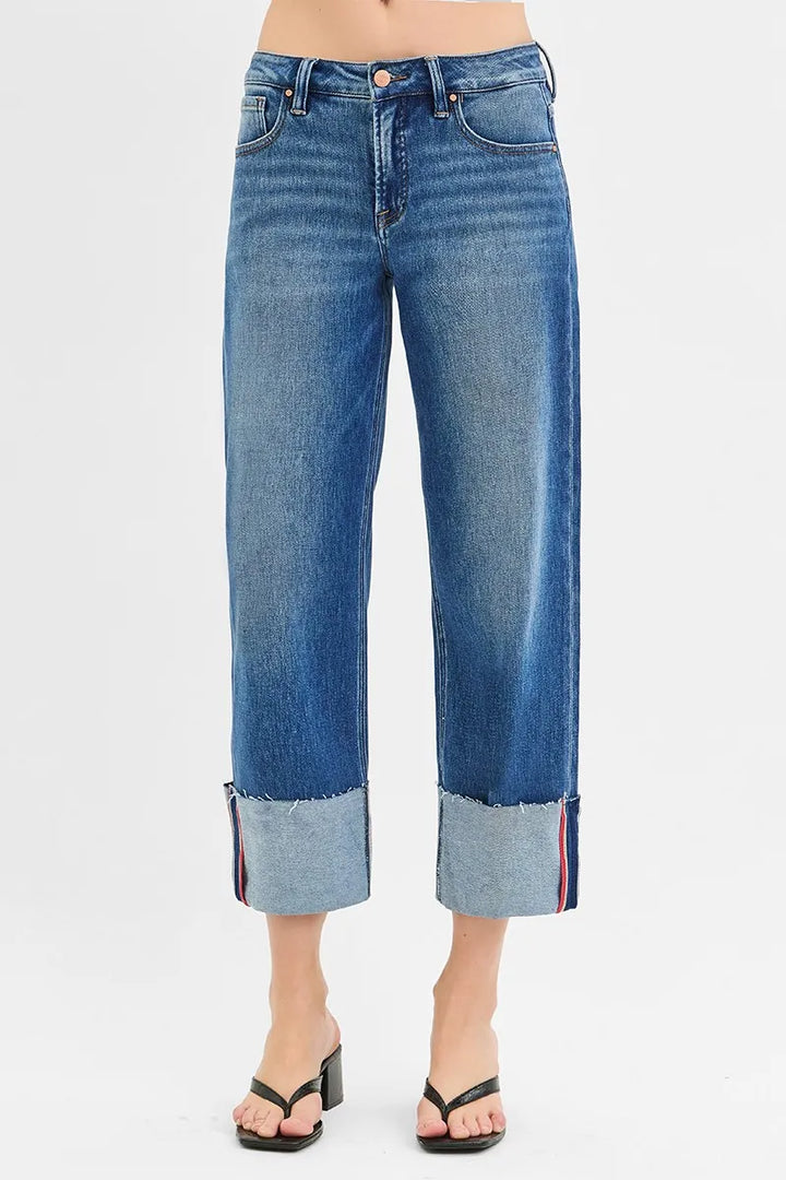 RISEN Full Size Tummy Control Mid Rise Crop Wide Cuffed Jeans Plus Size Jeans