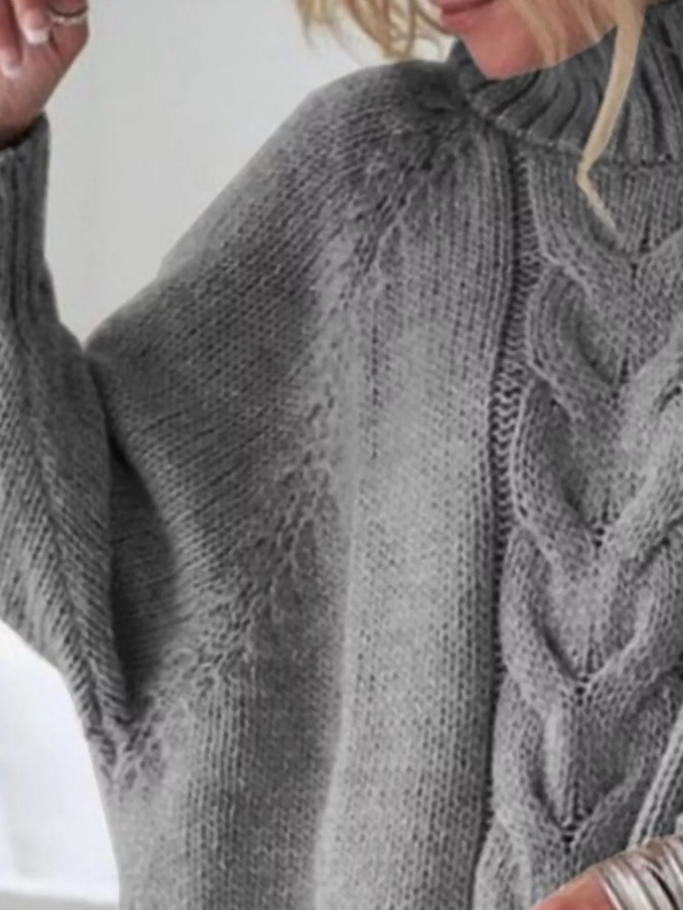 Cozy heather gray cable-knit turtleneck sweater, plus size loose fit