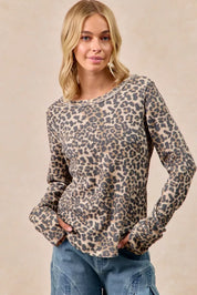 LEOPARD BiBi Leopard Print Washed Waffle Thermal Top with Thumb | Knit Tops Daverri Fashions