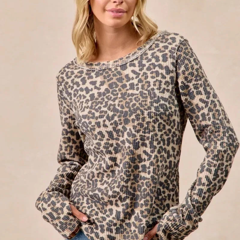 BiBi Leopard Print Washed Waffle Thermal Top with Thumb - DAVERRI FASHIONS