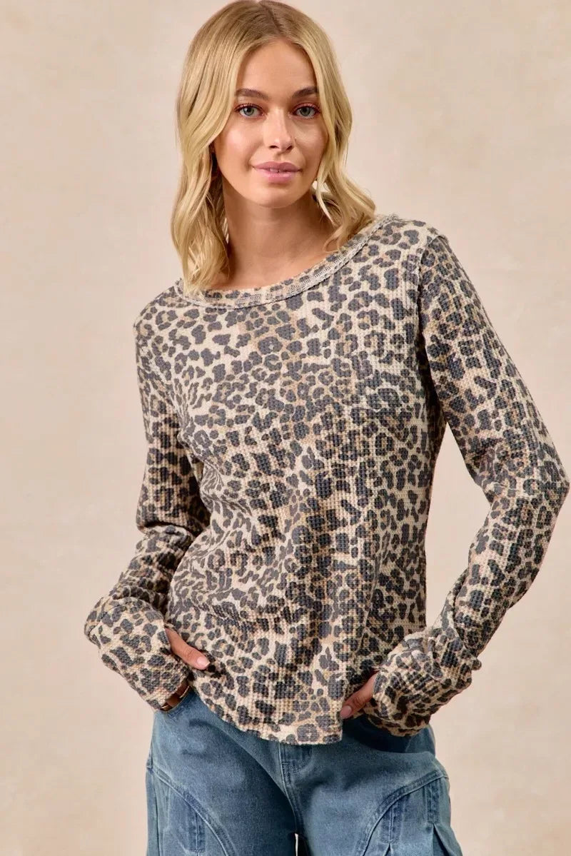BiBi Leopard Print Washed Waffle Thermal Top with Thumb - DAVERRI FASHIONS