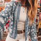 Floral Embroidered Button Up Denim Shirt - DAVERRI FASHIONS