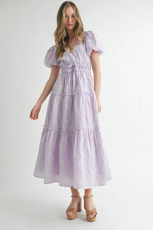 MABLE Eyelet Lace Puff Sleeve V Neck Midi Dress