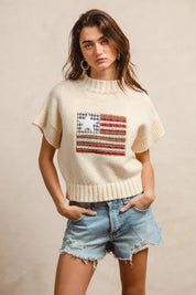 BiBi American Flag Patchwork Drop Shoulder Sweater | Sweaters Daverri Fashions
