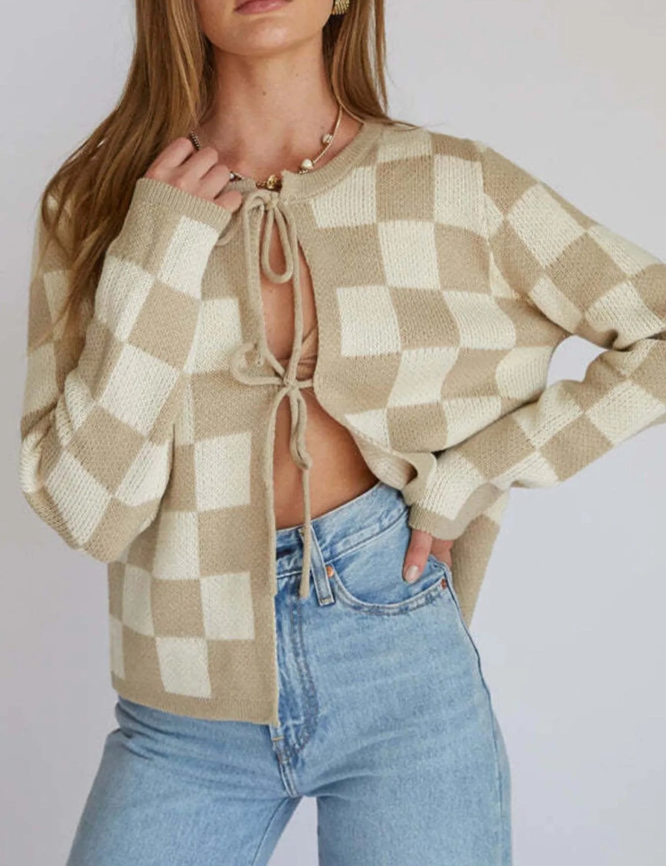 Checkered Tie-Front Cropped Cardigan | Cardigans Daverri Fashions