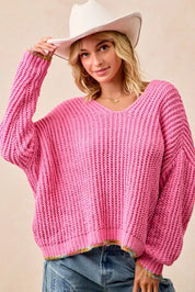 BiBi V-Neck Sweater with Colorful Trim | Daverri Fashions