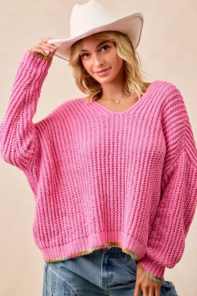 BiBi V-Neck Sweater with Colorful Trim | Daverri Fashions