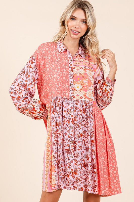 Mittoshop Coral Pink Floral Button Detail Long Sleeve Shirt Dress Mini Dresses