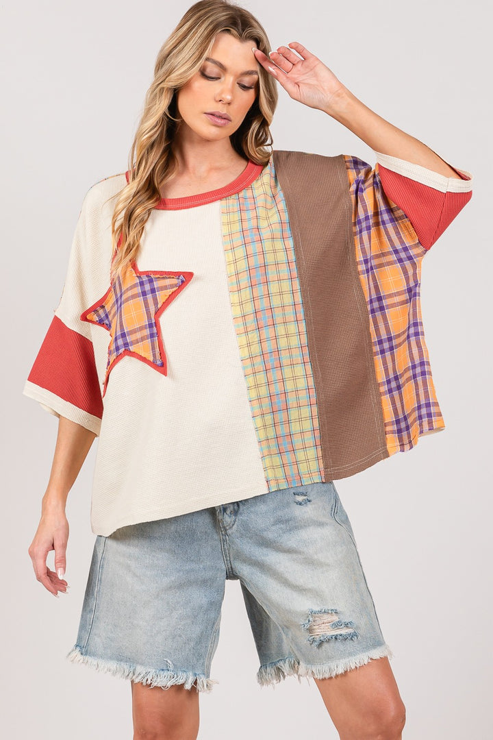 SAGE + FIG Round Neck Plaid Star Patch T-Shirt T-Shirts