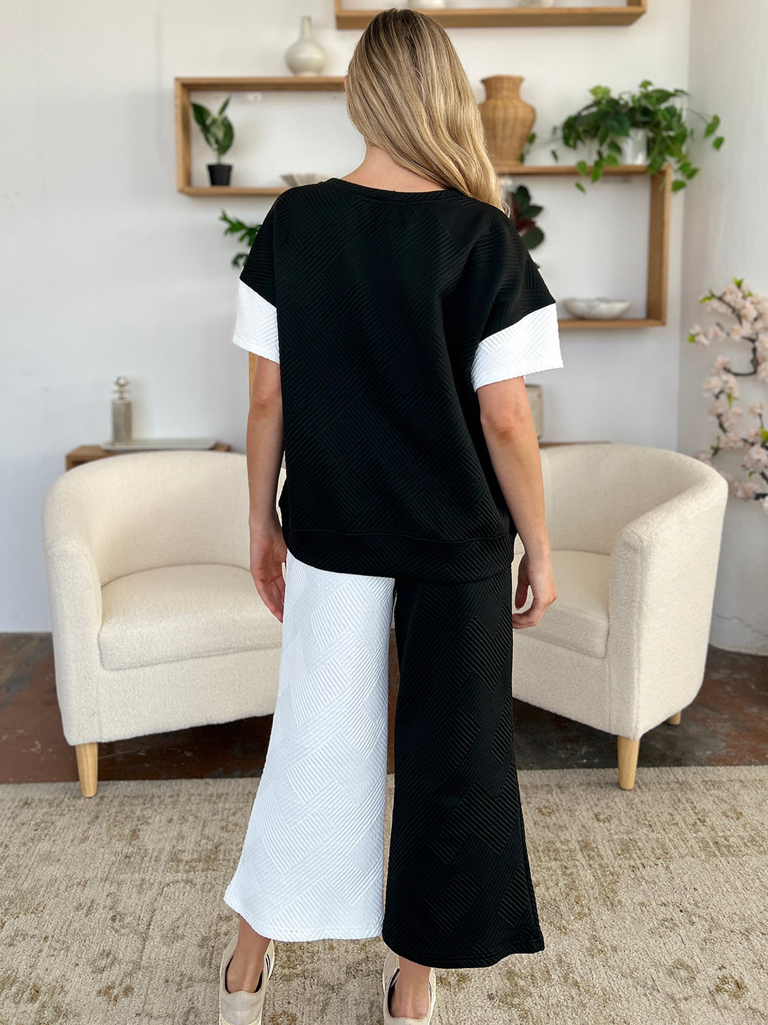 Double Take Full Size Texture Contrast T-Shirt and Wide Leg Pants Set Outfit Sets