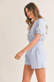 MABLE Striped Puff Sleeve Collared Neck Romper | Rompers Daverri Fashions