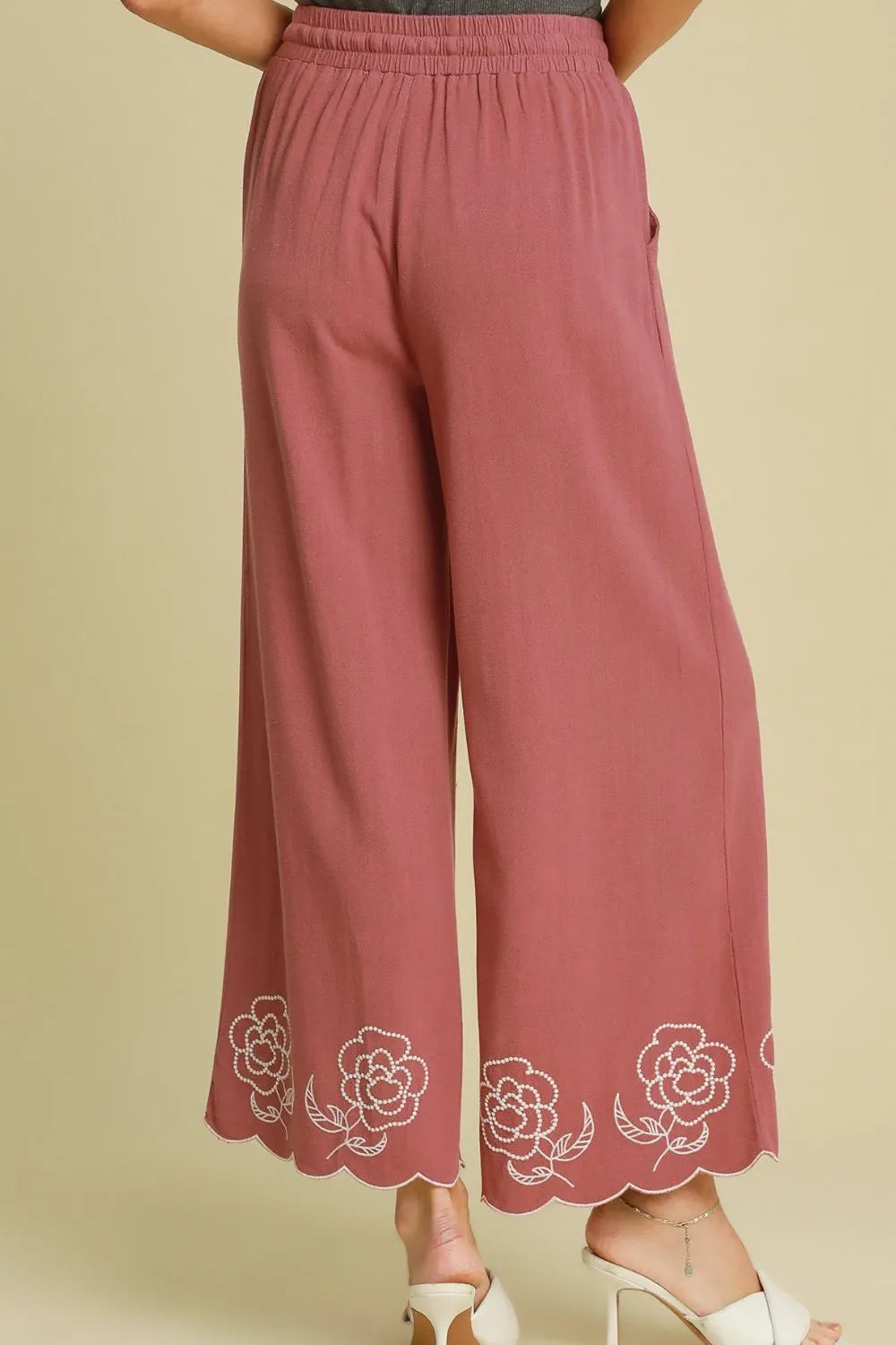 Umgee Dusty Pink Linen Blend Wide Leg Pants with Scalloped Hemline | Pants Daverri Fashions