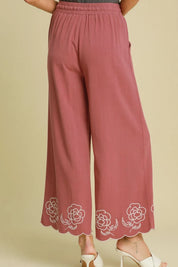 Umgee Dusty Pink Linen Blend Wide Leg Pants with Scalloped Hemline | Pants Daverri Fashions