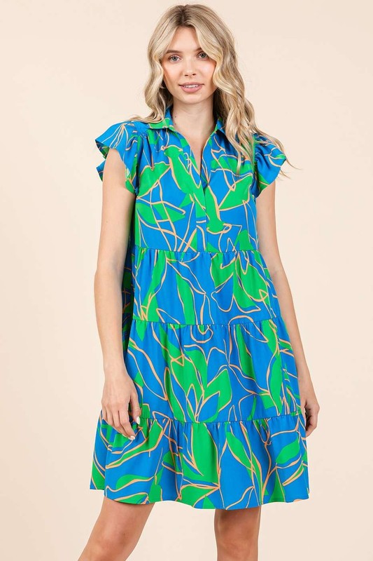 Mittoshop Leaf Print Ruffle Sleeve Tiered Mini Dress