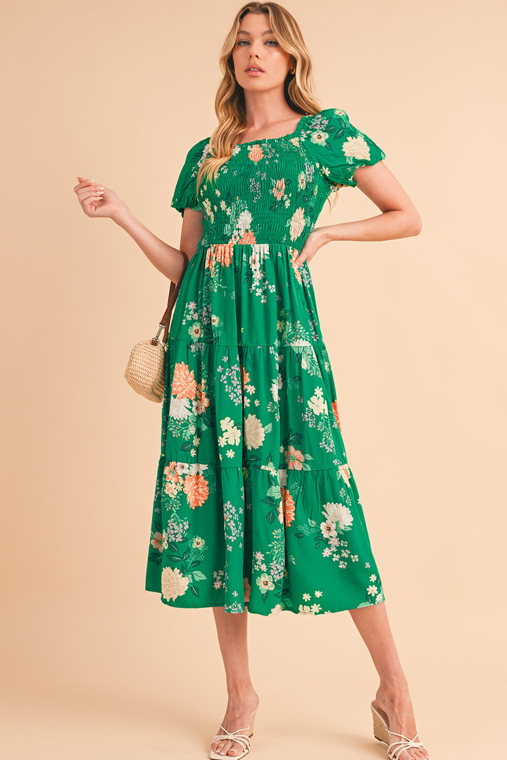 Green Floral Print Bubble Sleeve Smocked Tiered Midi Dress Midi Dresses