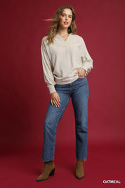 Umgee Linen Long Sleeves Elastic Hem Blouse | Blouses Daverri Fashions