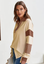 Daverri Fashions Color Block Johnny Collar Long Sleeve Sweatshirt - DAVERRI FASHIONS