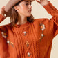 SO ME Embroidered Flower Cable Knitted Sweater - DAVERRI FASHIONS