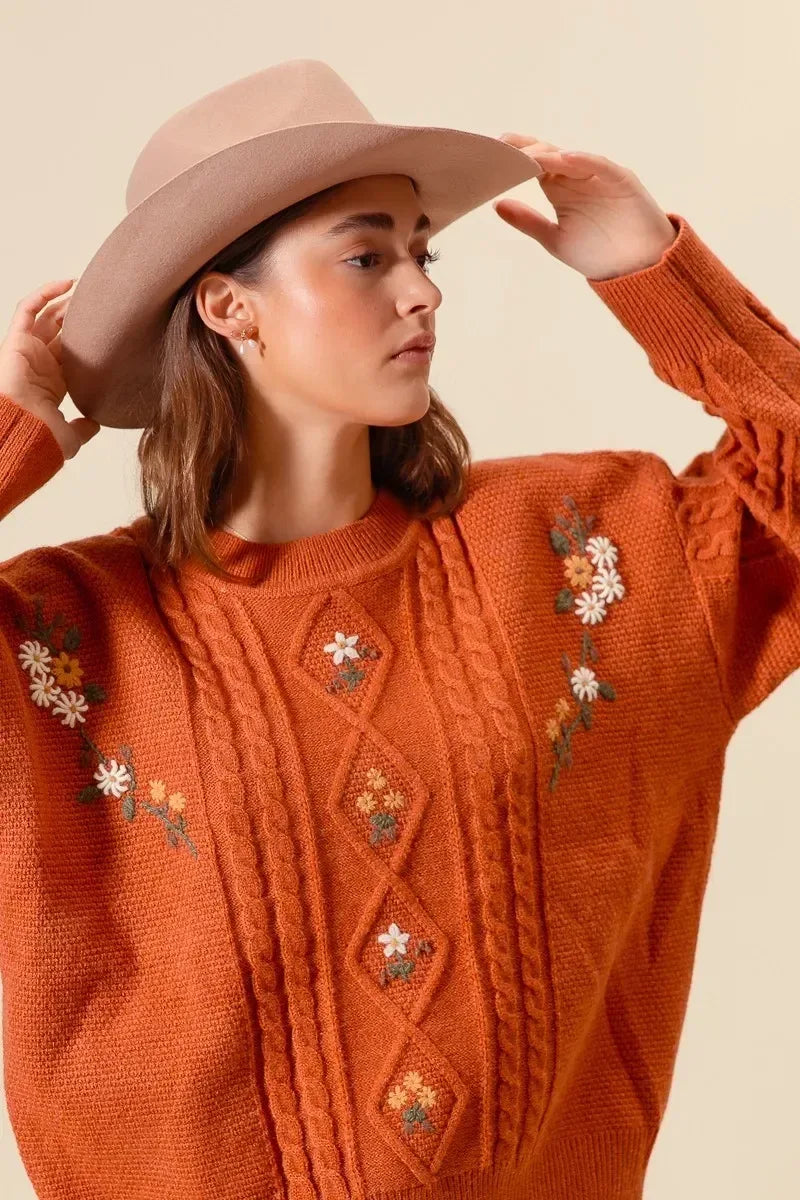 SO ME Embroidered Flower Cable Knitted Sweater - DAVERRI FASHIONS