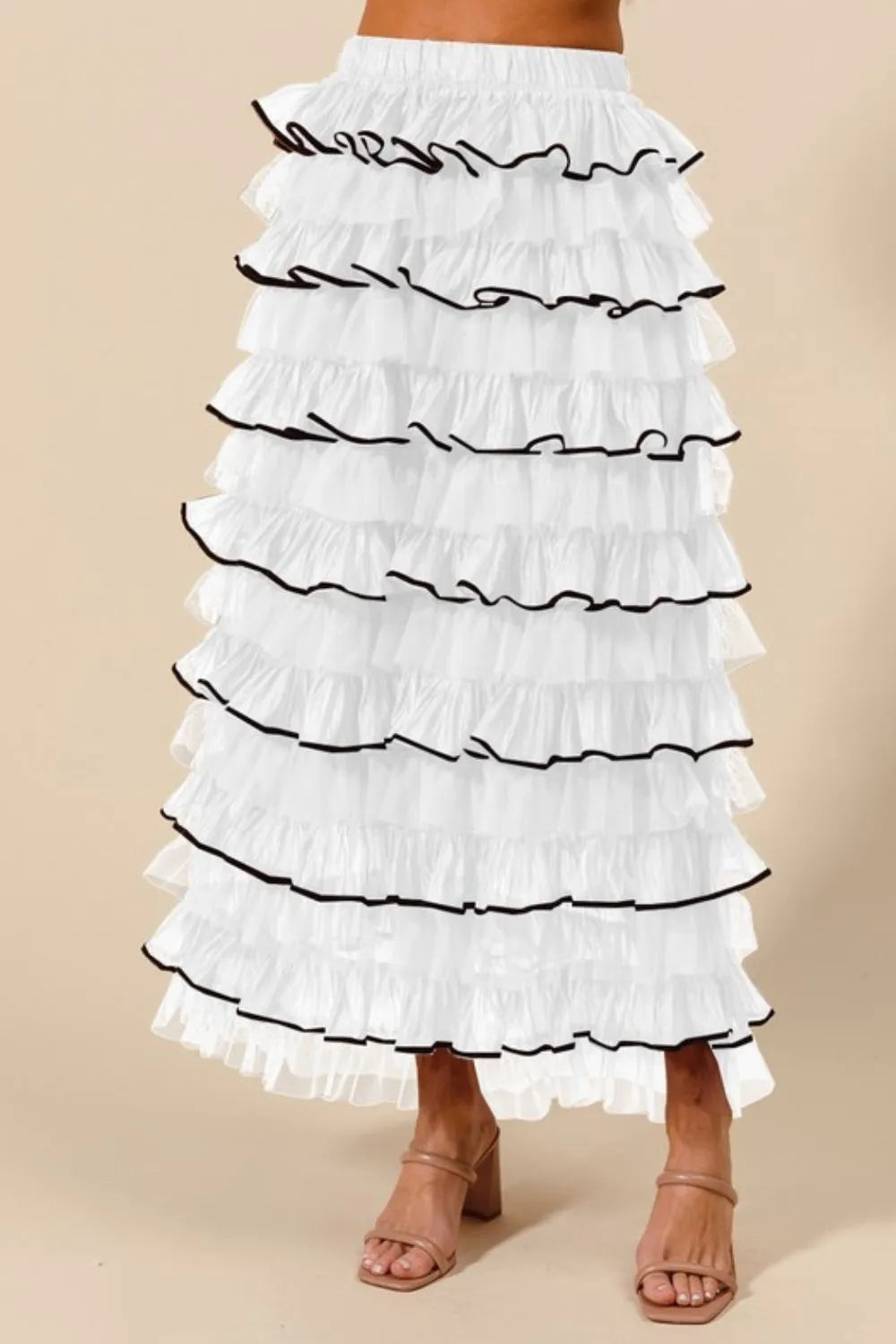 SO ME Layered Ruffled Tulle Maxi Skirt IVORY