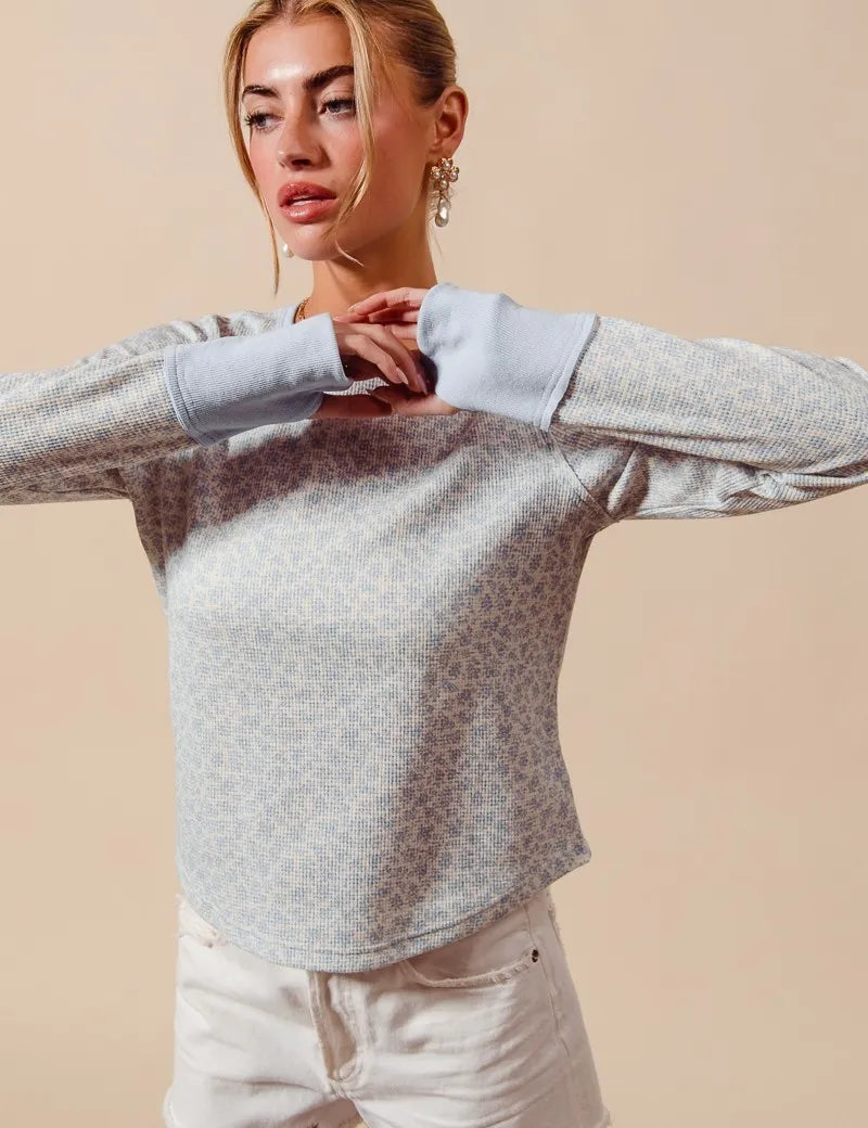 DUSTY BLUE IVORY SO ME Textued Floral Knit Top with Contrast Cuffs | Tops Daverri Fashions