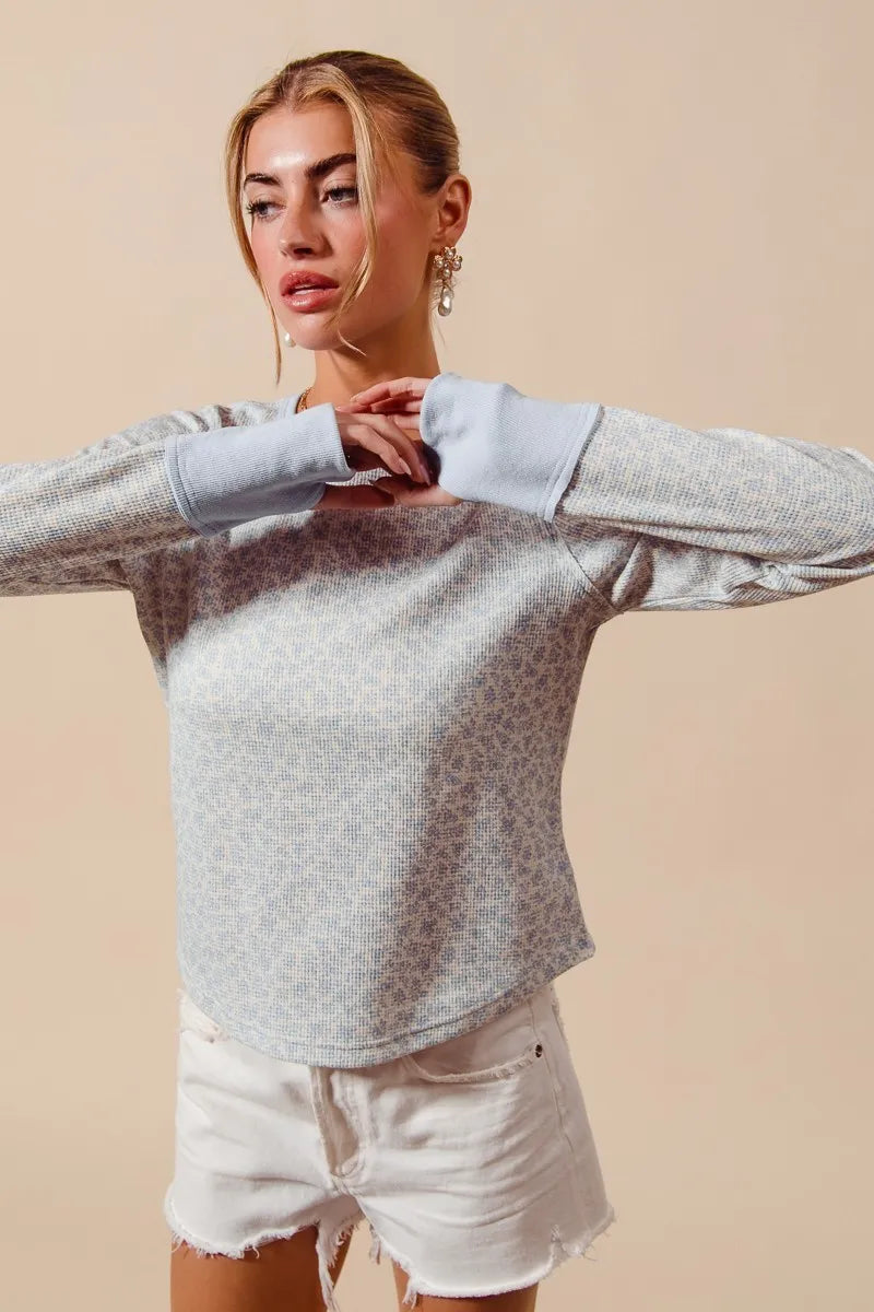 SO ME Textued Floral Knit Top with Contrast Cuffs DUSTY BLUE IVORY Tops