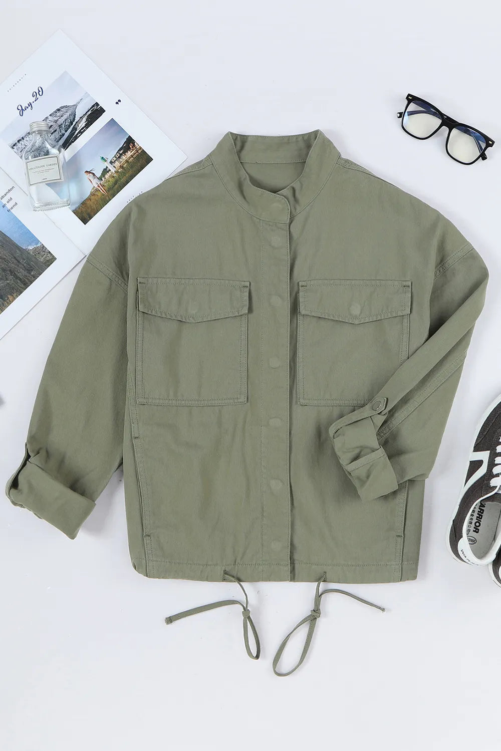 Drawstring Snap Down Dropped Shoulder Denim Jacket | Denim Jackets Daverri Fashions