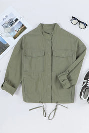 Drawstring Snap Down Dropped Shoulder Denim Jacket | Denim Jackets Daverri Fashions