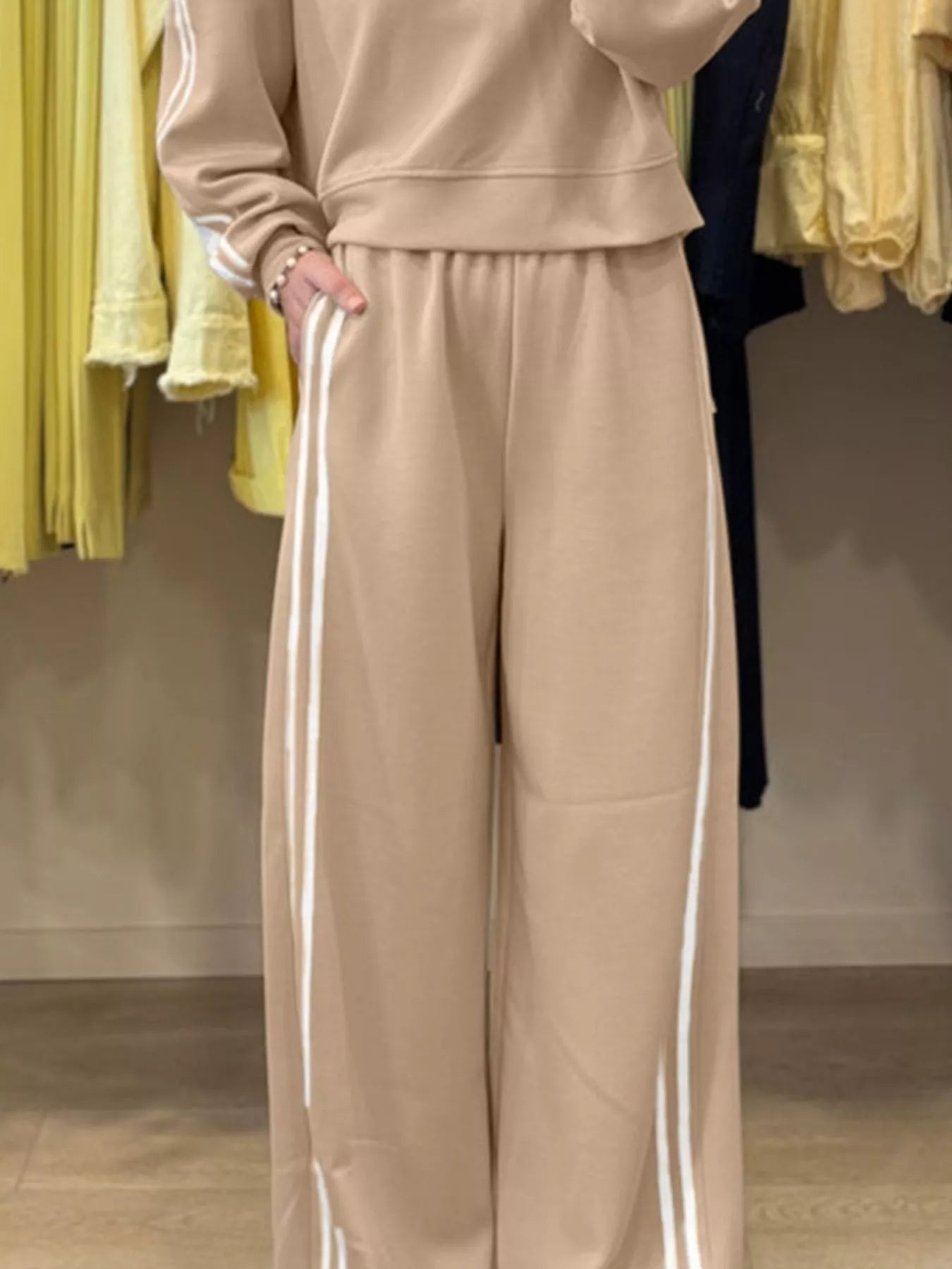 Beige and white track pants with side stripes in casual 2pcs set