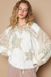Ivory Multi M POL Star Patch Lace Contrast Long Sleeve Hooded Top | Tops Daverri Fashions