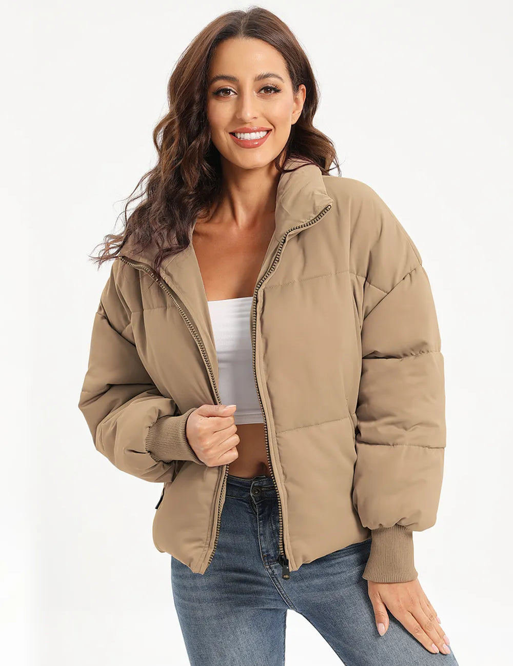 Beige oversized zip-up turtleneck puffer jacket with fur-lined hood