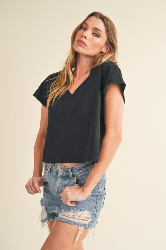 Aemi + Co Side Slit V-Neck Short Sleeve Cropped T-Shirt T-Shirts