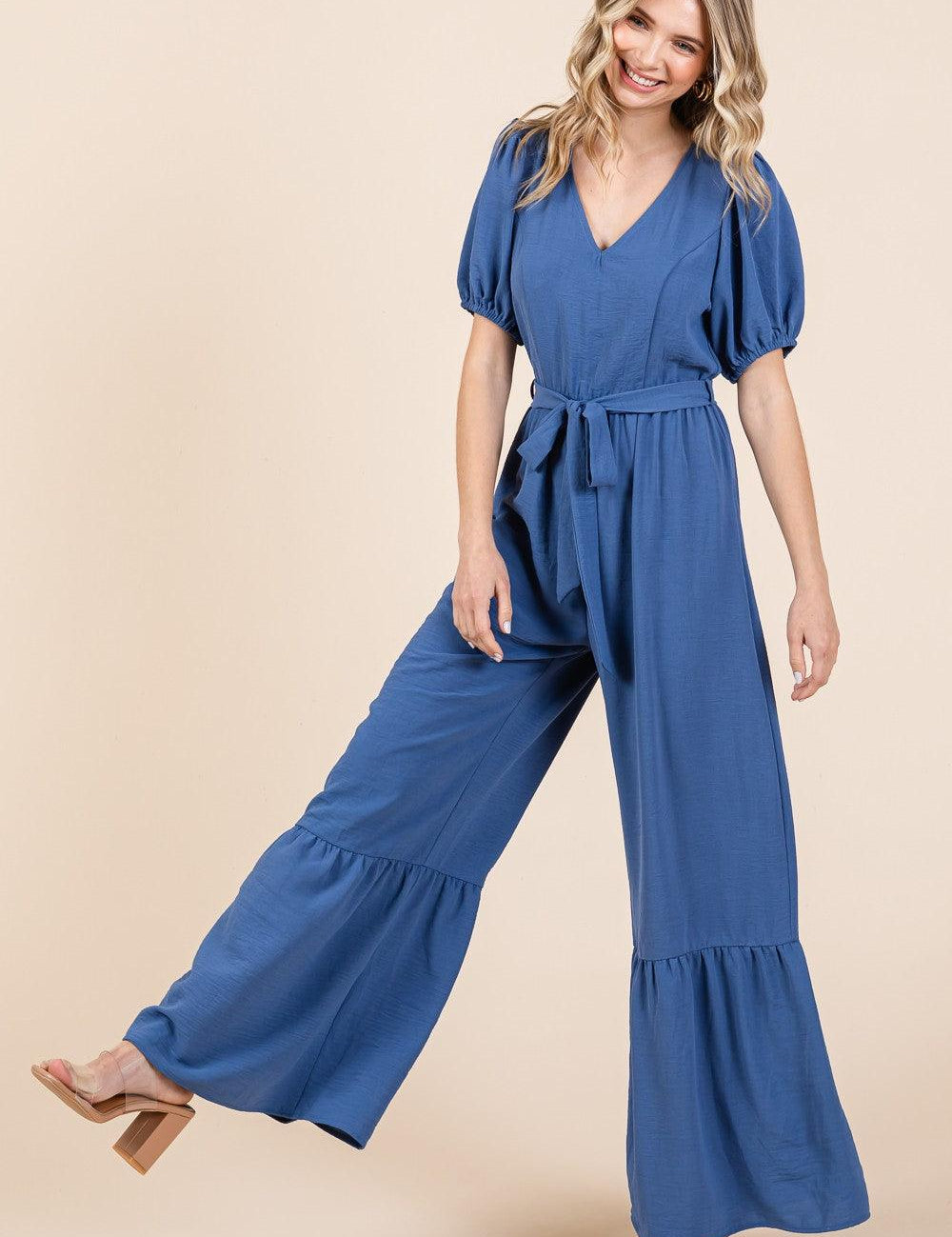 GeeGee Full Size V-Neck Belted Wide Leg Jumpsuit Jumpsuits