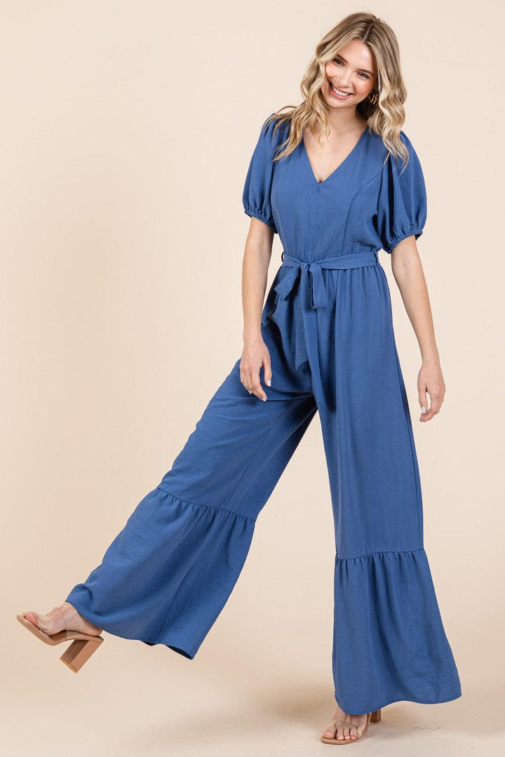 GeeGee Full Size V-Neck Belted Wide Leg Jumpsuit Jumpsuits